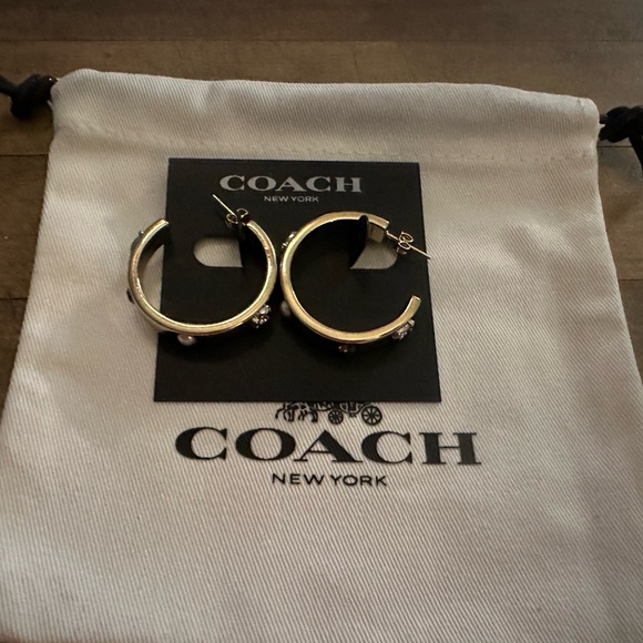 Coach Gold Pegged Signature C Faux Pearl Crystal Hoop Earrings - Picture 8 of 8